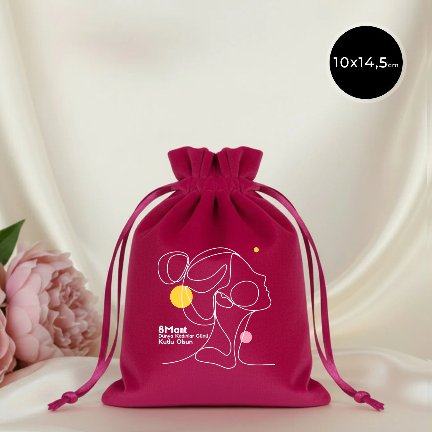 10x13 cm Fuşya Kadife Gül Kese -  Kadınlar Günü Hediyesi
