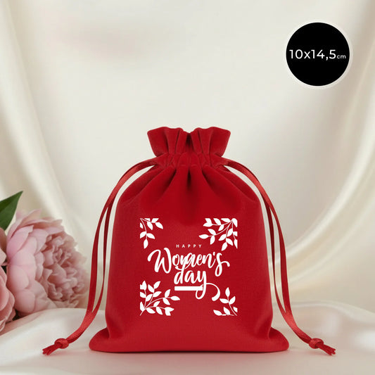 10x13 cm Kırmızı Kadife Gül Kese - Kadınlar Günü Hediyesi