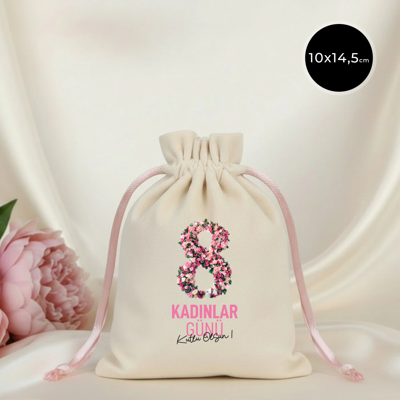 10x13 cm Pudra Renk İp Kadife Gül Kese - Kadınlar Günü Hediyesi