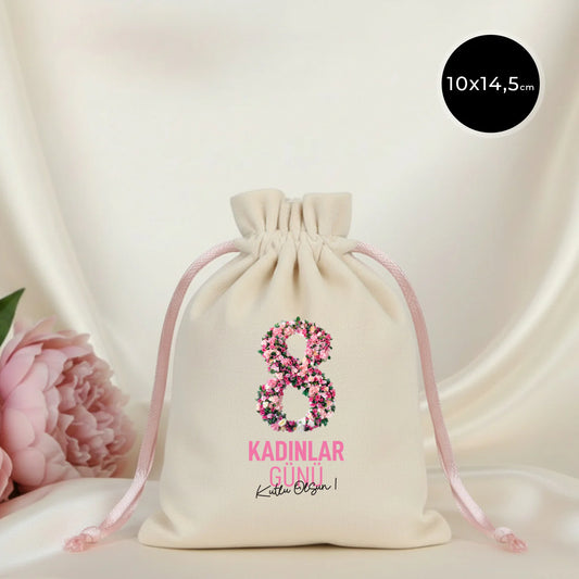 10x13 cm Pudra Renk İp Kadife Gül Kese - Kadınlar Günü Hediyesi