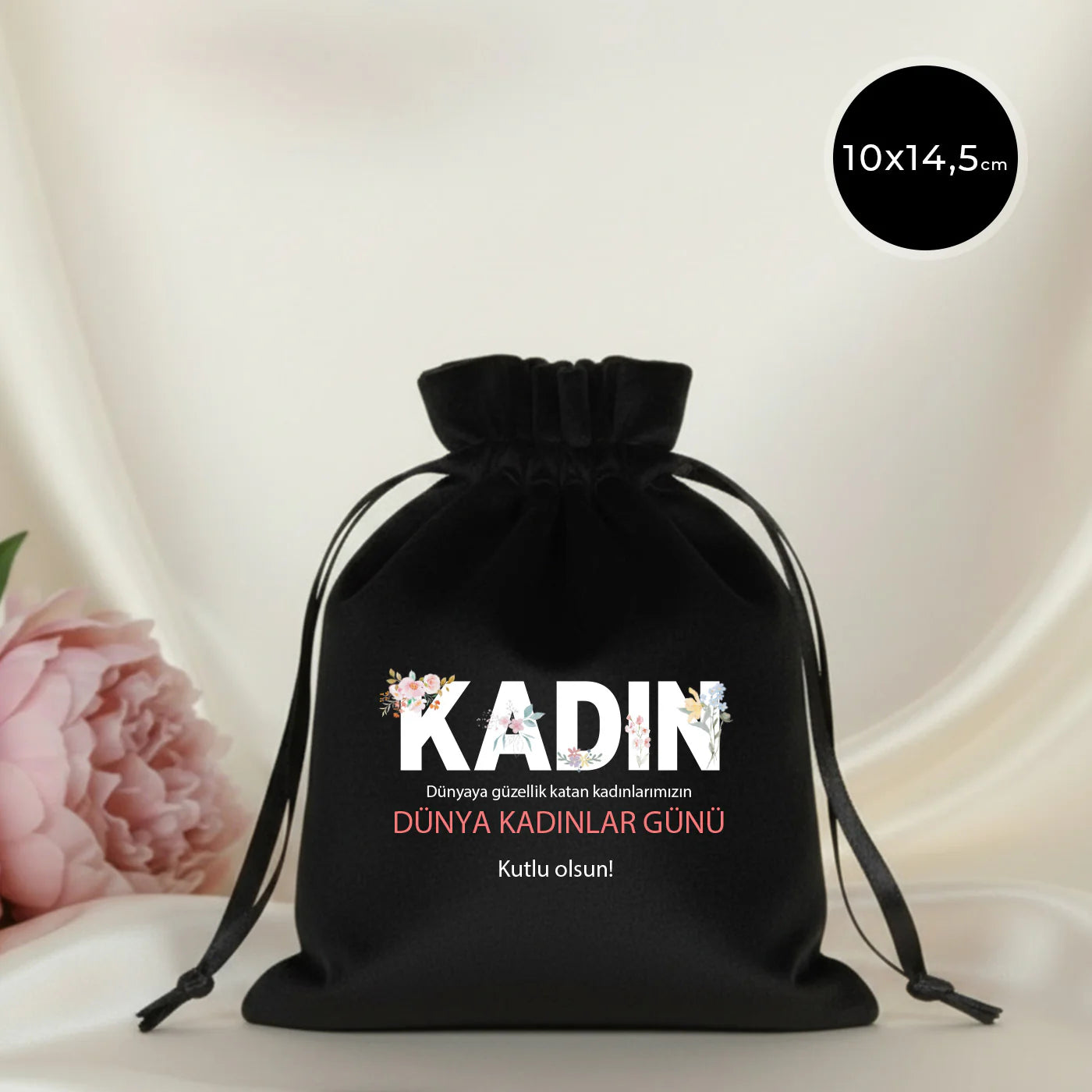 10x13 cm Siyah Kadife Gül Kese -  Kadınlar Günü Hediyesi