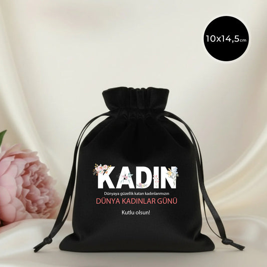 10x13 cm Siyah Kadife Gül Kese -  Kadınlar Günü Hediyesi