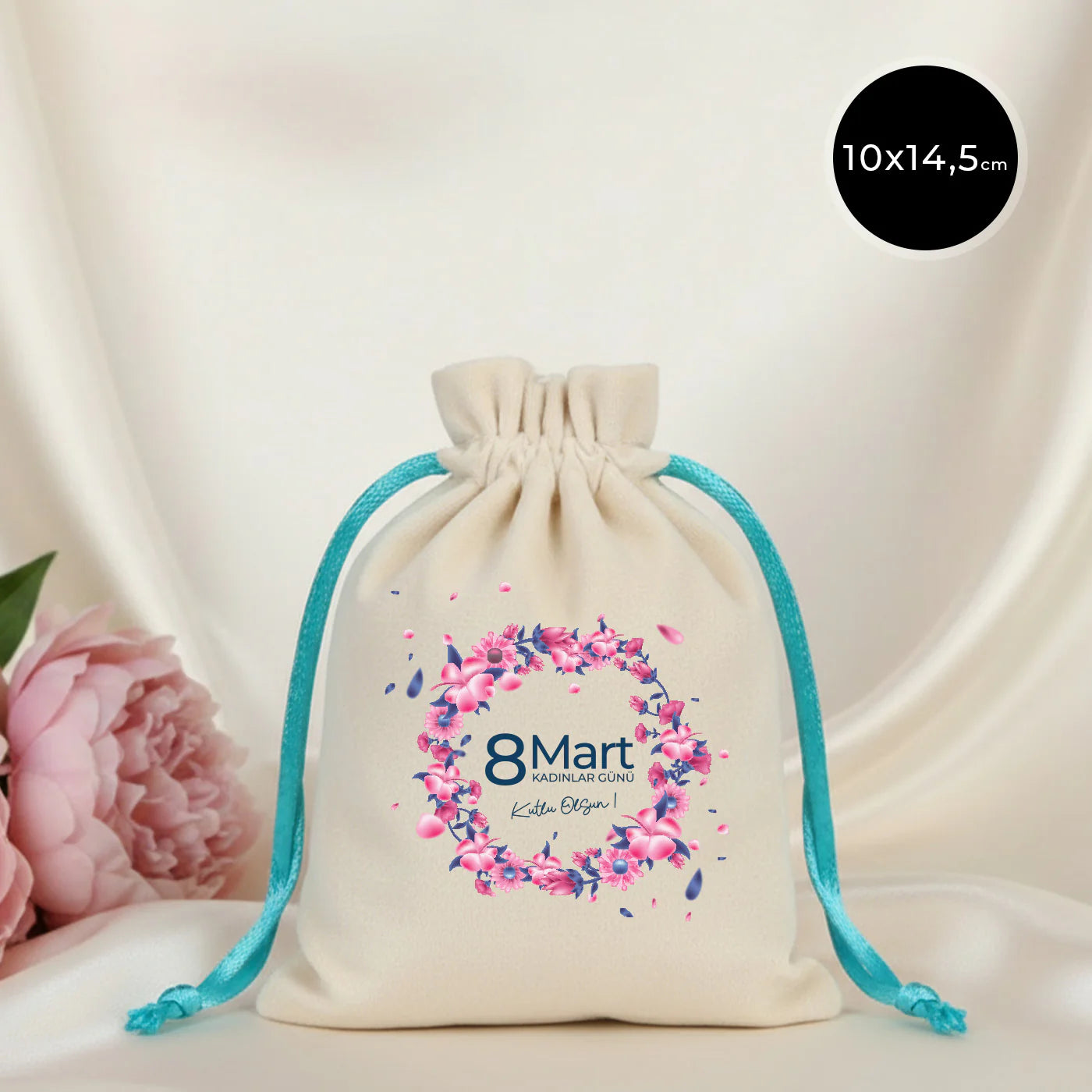 10x13 cm Turkuaz Renk İp Kadife Gül Kese - Kadınlar Günü Hediyesi