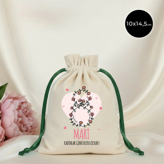 Kadife Gül Kese 10x13 cm Yeşil Renk İp - Kadınlar Günü Hediyesi