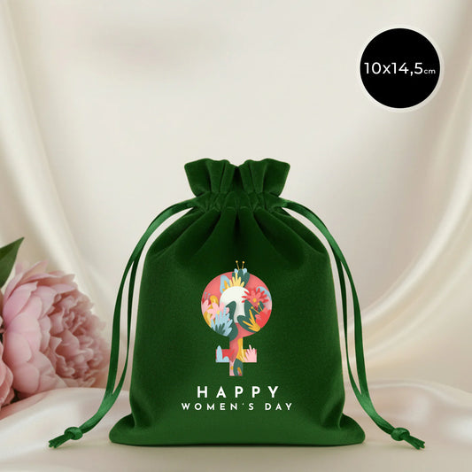 10x13 cm Kadife Gül Kese Yeşil - Kadınlar Günü Hediyesi