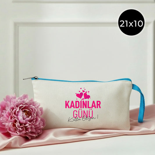 Kadınlar Günü Renkli Fermuarlı Kalemlik Çanta - 21x10 cm