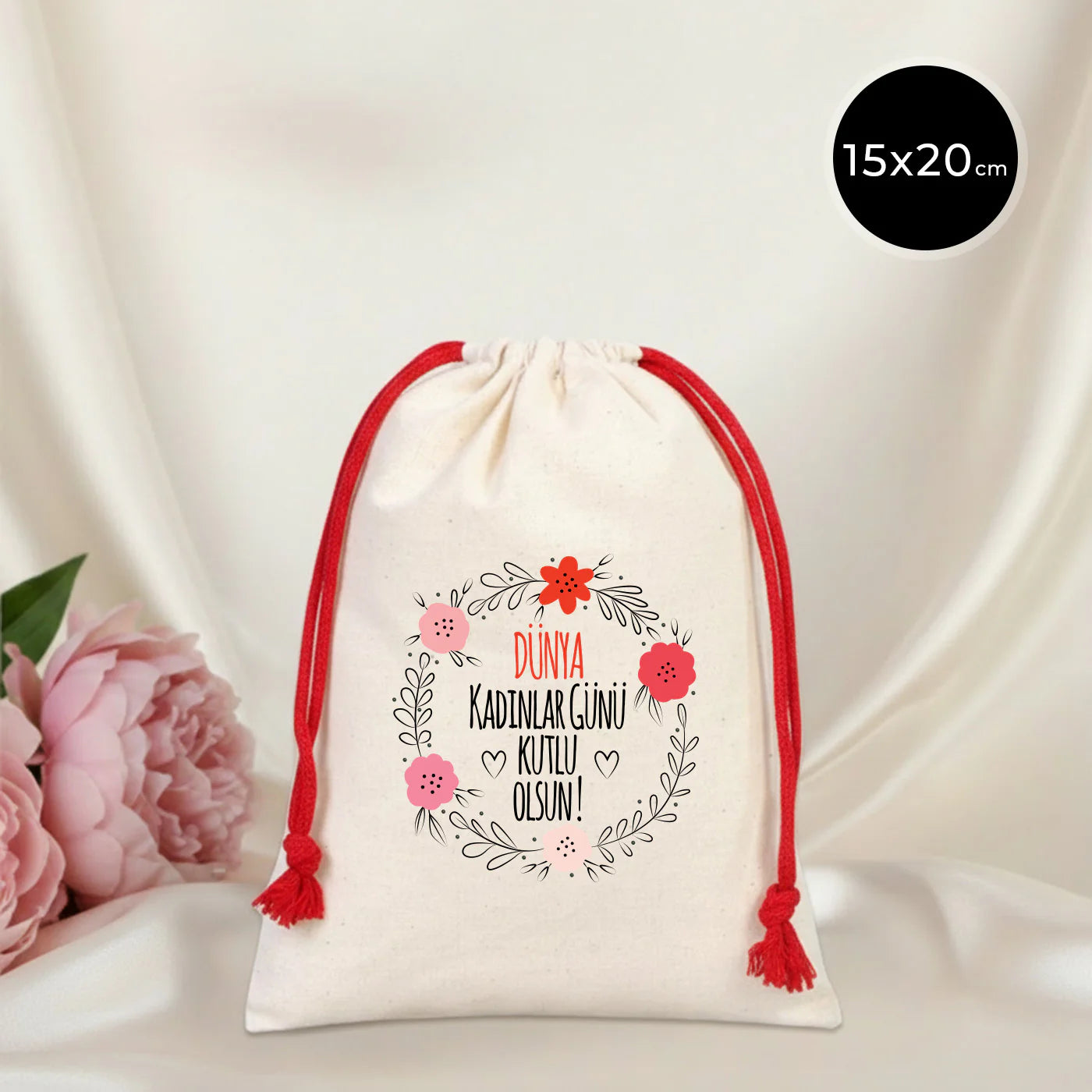 15x20 cm Renkli İp Kırmızı Bez Kese – Kadınlar Günü Kesesi