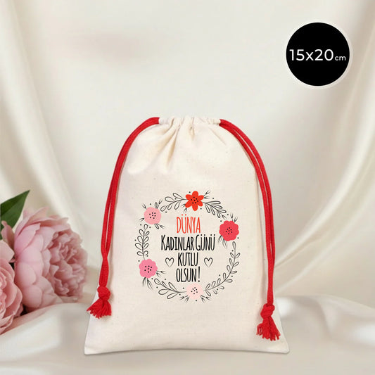 15x20 cm Renkli İp Kırmızı Bez Kese – Kadınlar Günü Kesesi