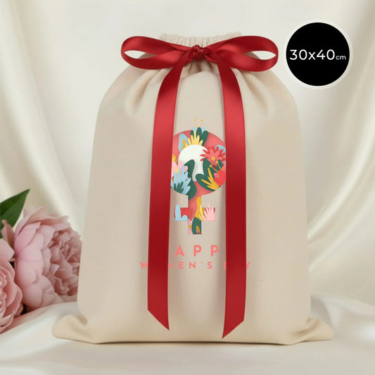 30x40 Kırmızı Kurdelalı Bez Kese – Kadınlar Günü Hediyesi