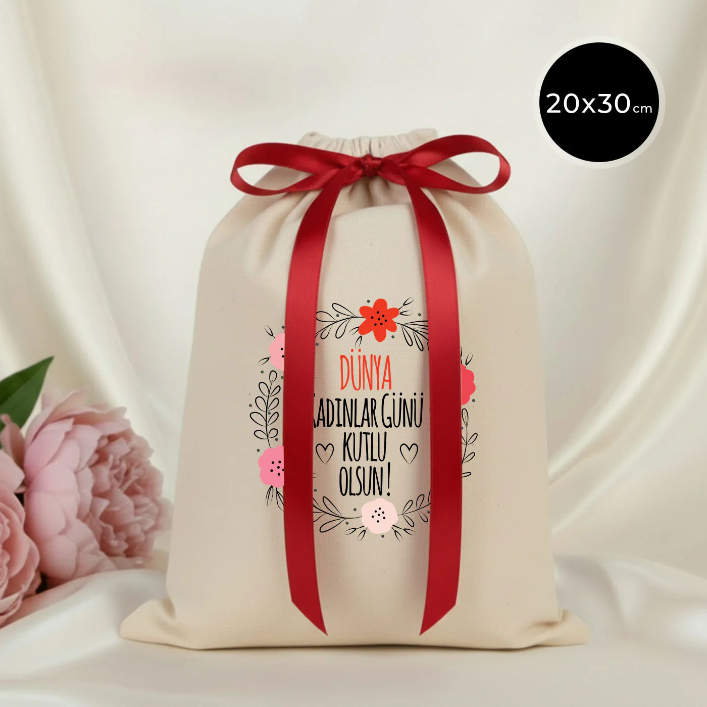 20x30 Kırmızı Kurdeleli Bez Kese – Kadınlar Günü Hediyesi