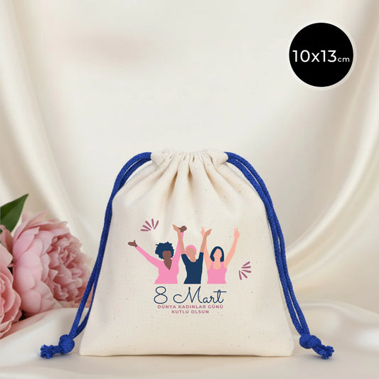 10x13 Saks Mavi İpli Bez Kese – Kadınlar Günü Hediyesi