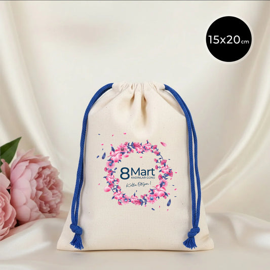 15x20 cm Renkli İp Saks Mavi Bez Kese – Kadınlar Günü Hediyesi