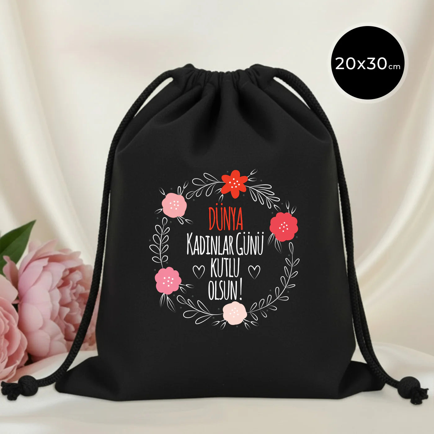 20x30 cm Siyah Bez Kese - Kadınlar Günü Hediyesi