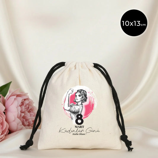 10x13 Siyah İpli Bez Kese – Kadınlar Günü Hediyesi