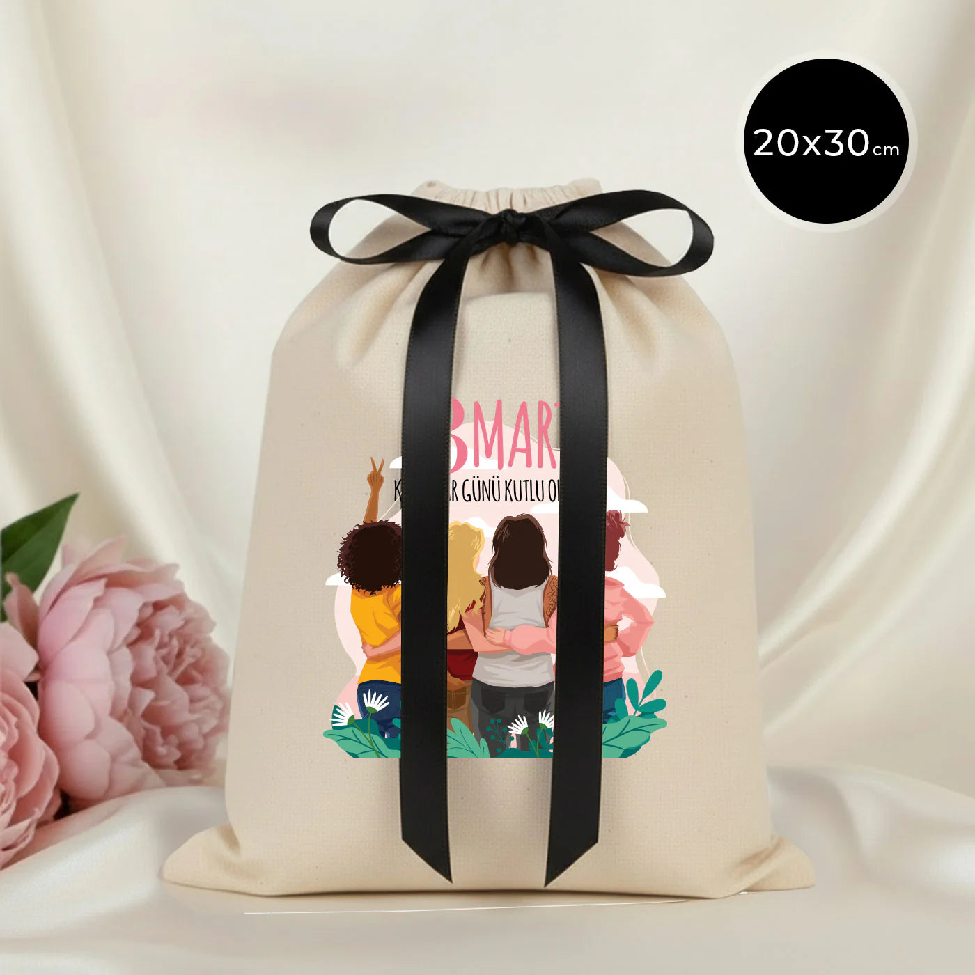 20x30 Siyah Kurdeleli Bez Kese – Kadınlar Günü Hediyesi