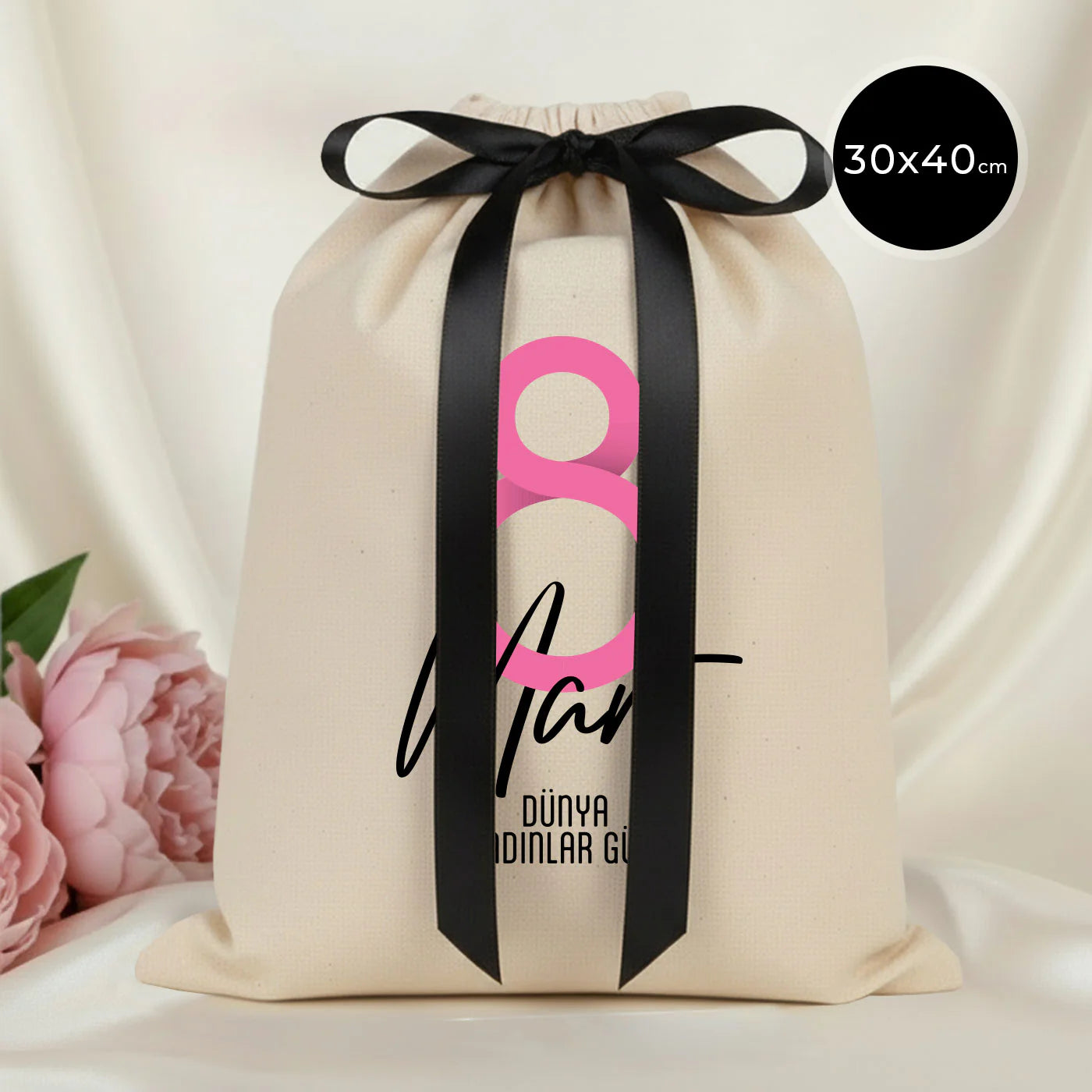 30x40 Siyah Kurdeleli Bez Kese – Kadınlar Günü Hediyesi