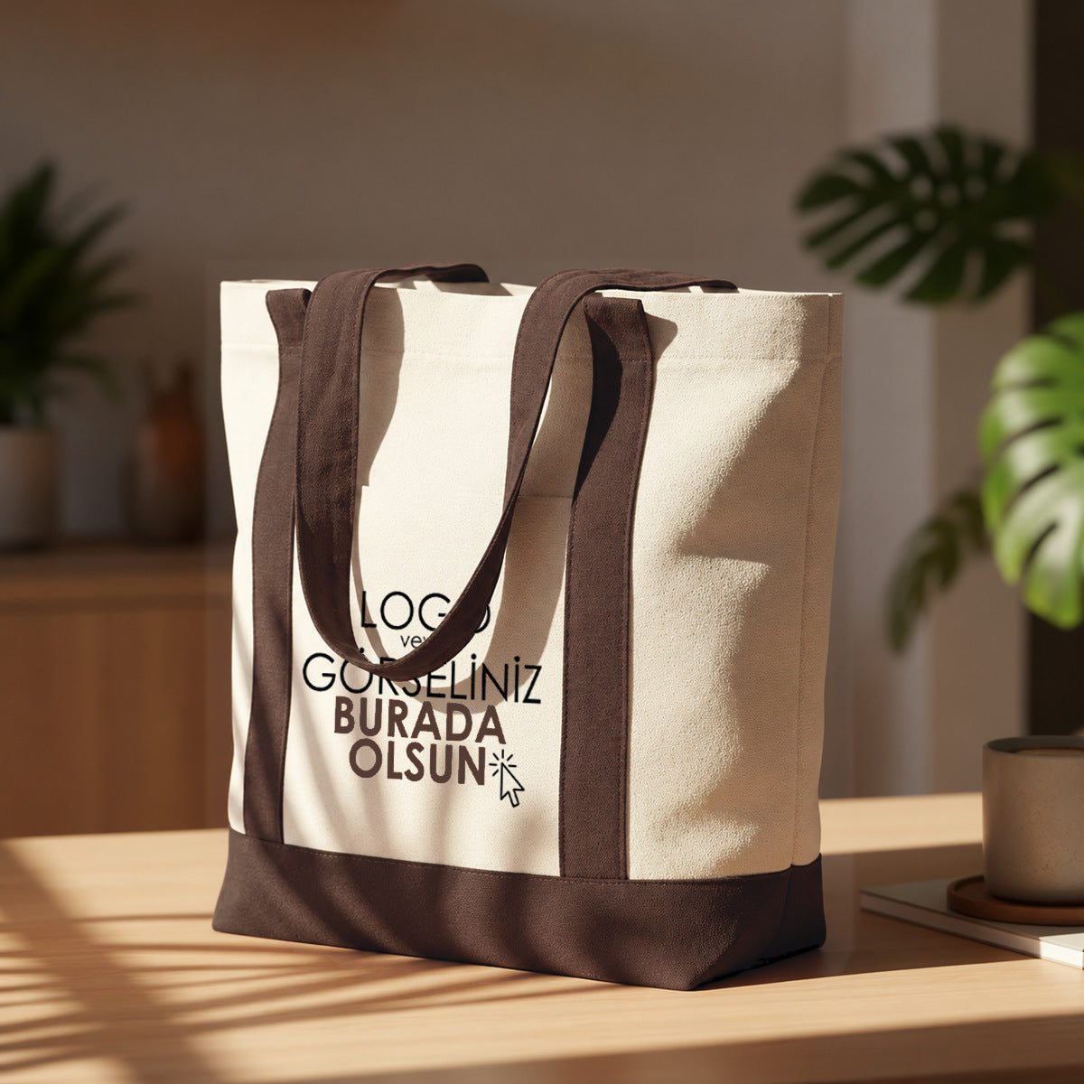 Trend Kanvas Çanta 40x35x12cm - Kahverengi Renkli Kulp (Özelleştirilebilir) - logo baskı örneği