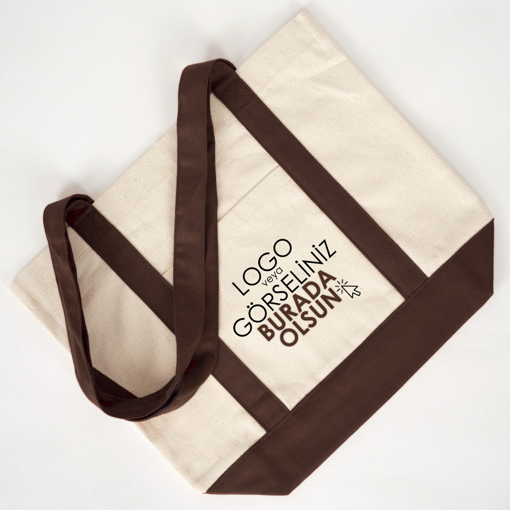 Trend Kanvas Çanta 40x35x12cm - Kahverengi Renkli Kulp (Özelleştirilebilir) - logo baskılı serili görünüm
