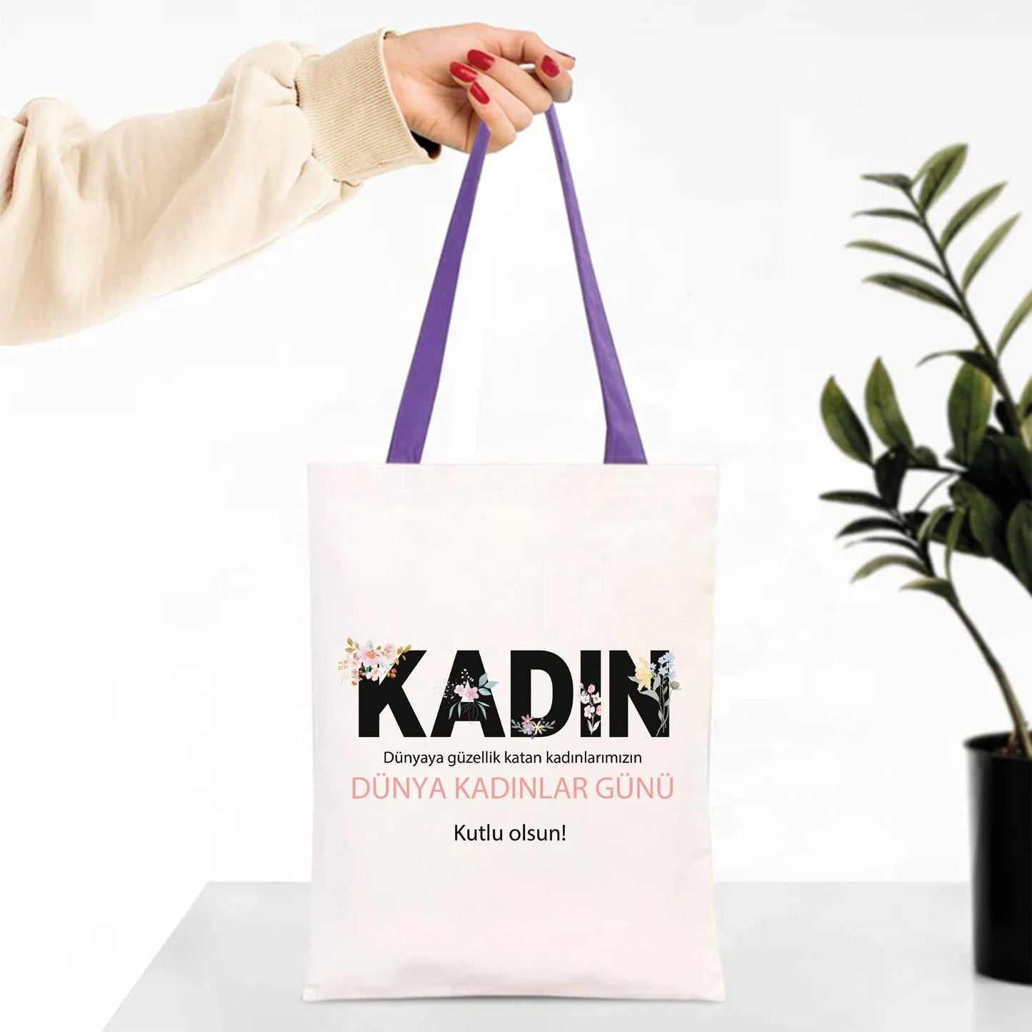 35x40 cm Mor İç Cepli Kanvas Bez Çanta - Kadınlar Günü - yakın çekim