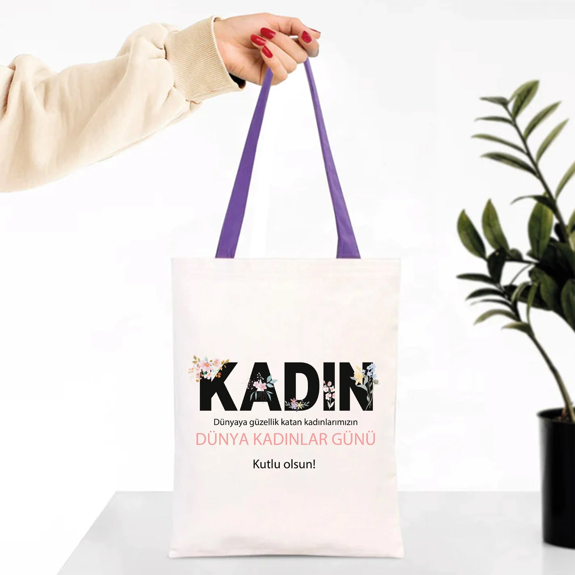 35x40 cm Mor İç Cepli Kanvas Bez Çanta - Kadınlar Günü - yakın çekim