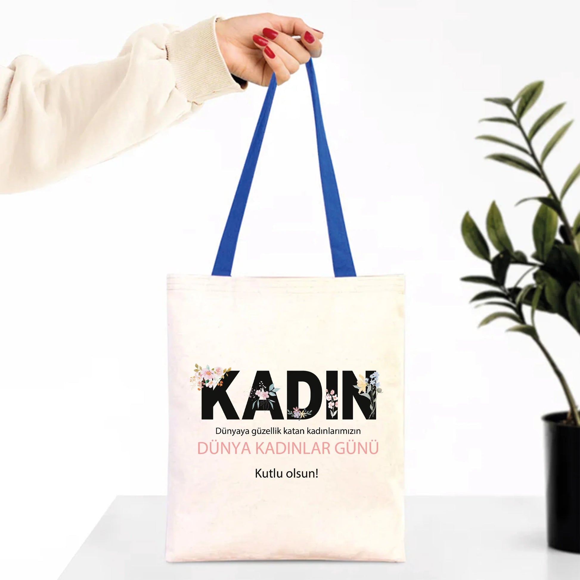 35x40 cm Saks Mavi İç Cepli Kanvas Bez Çanta - Kadınlar Günü - yakın çekim