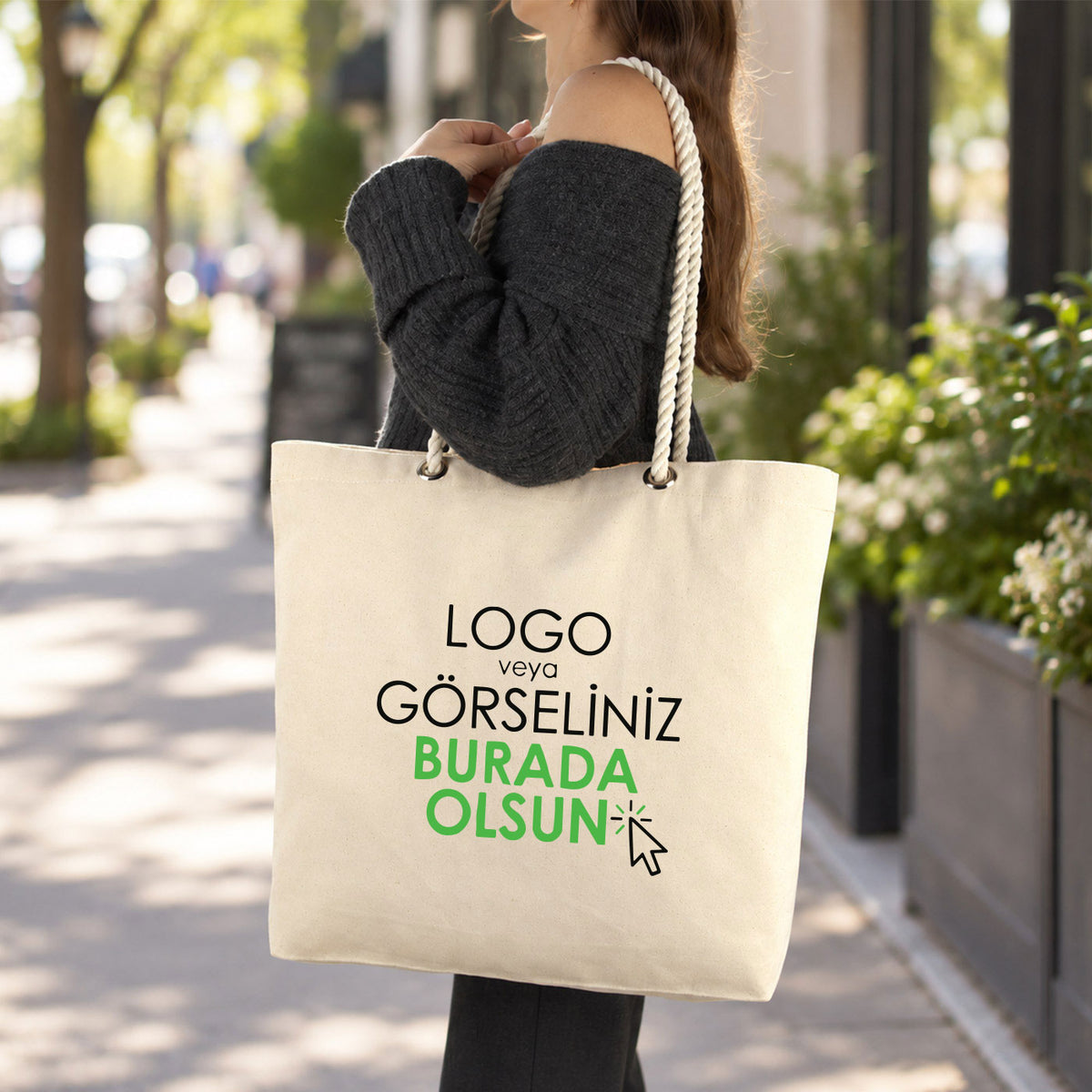 Baskılı Kanvas Alışveriş & Plaj & Geniş Hacim Kuş Gözlü Halat Kulp Çanta - 48x41x10 cm İç cep (Özelleştirilebilir)