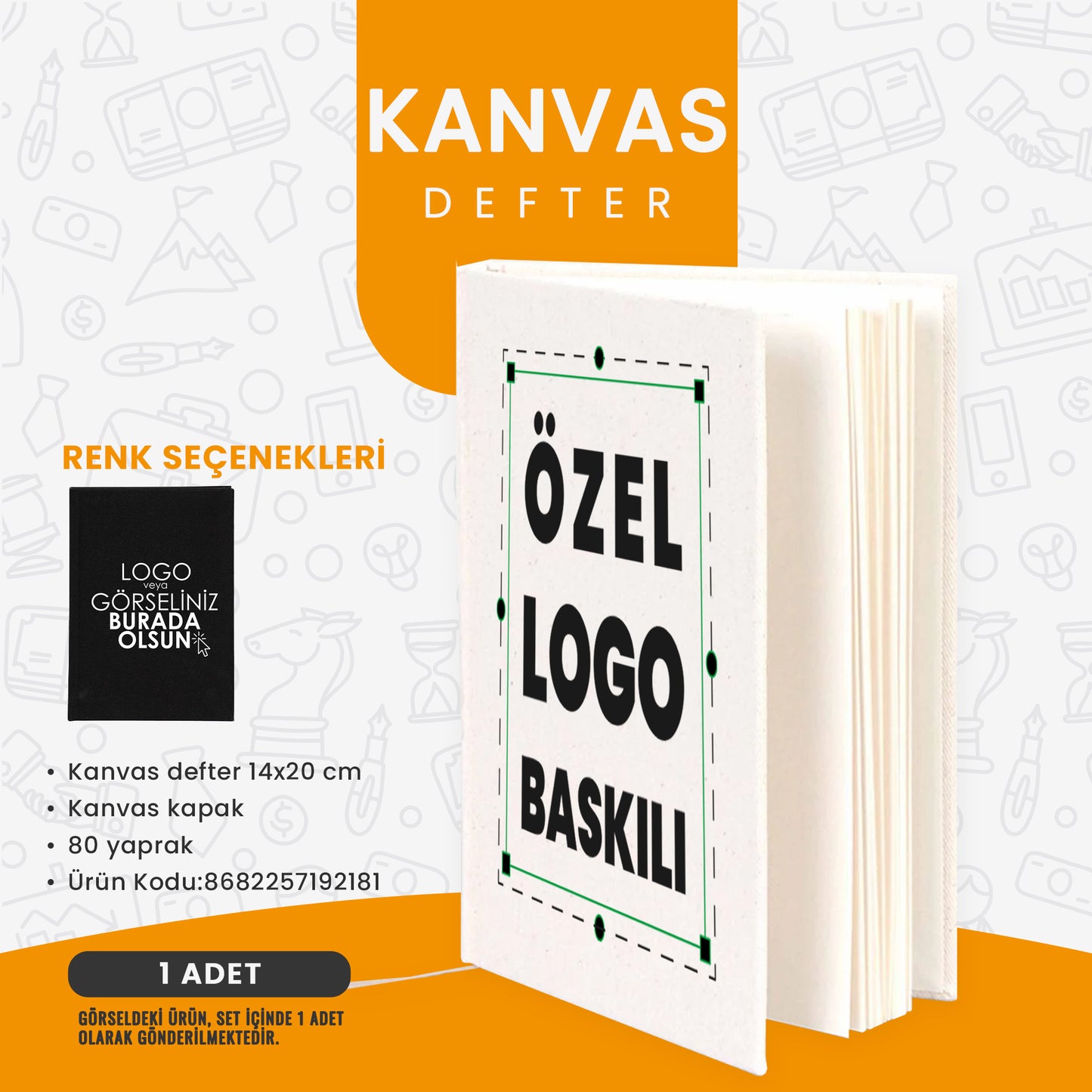 “Özel logo baskılı kanvas defter; 14x20 cm boyutunda, kanvas kapaklı ve 80 yapraklı kurumsal promosyon defteri.”