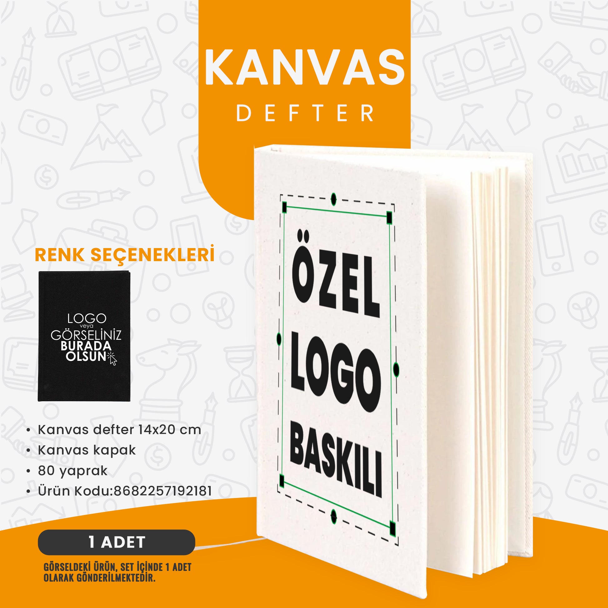 “Özel logo baskılı kanvas defter; 14x20 cm boyutunda, kanvas kapaklı ve 80 yapraklı kurumsal promosyon defteri.”