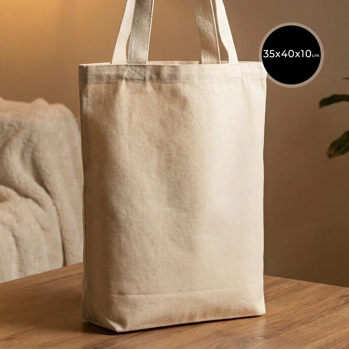 35×40×10 cm geniş hacimli kanvas tote çanta – doğal renk, iç cepli, baskısız pamuk çanta.