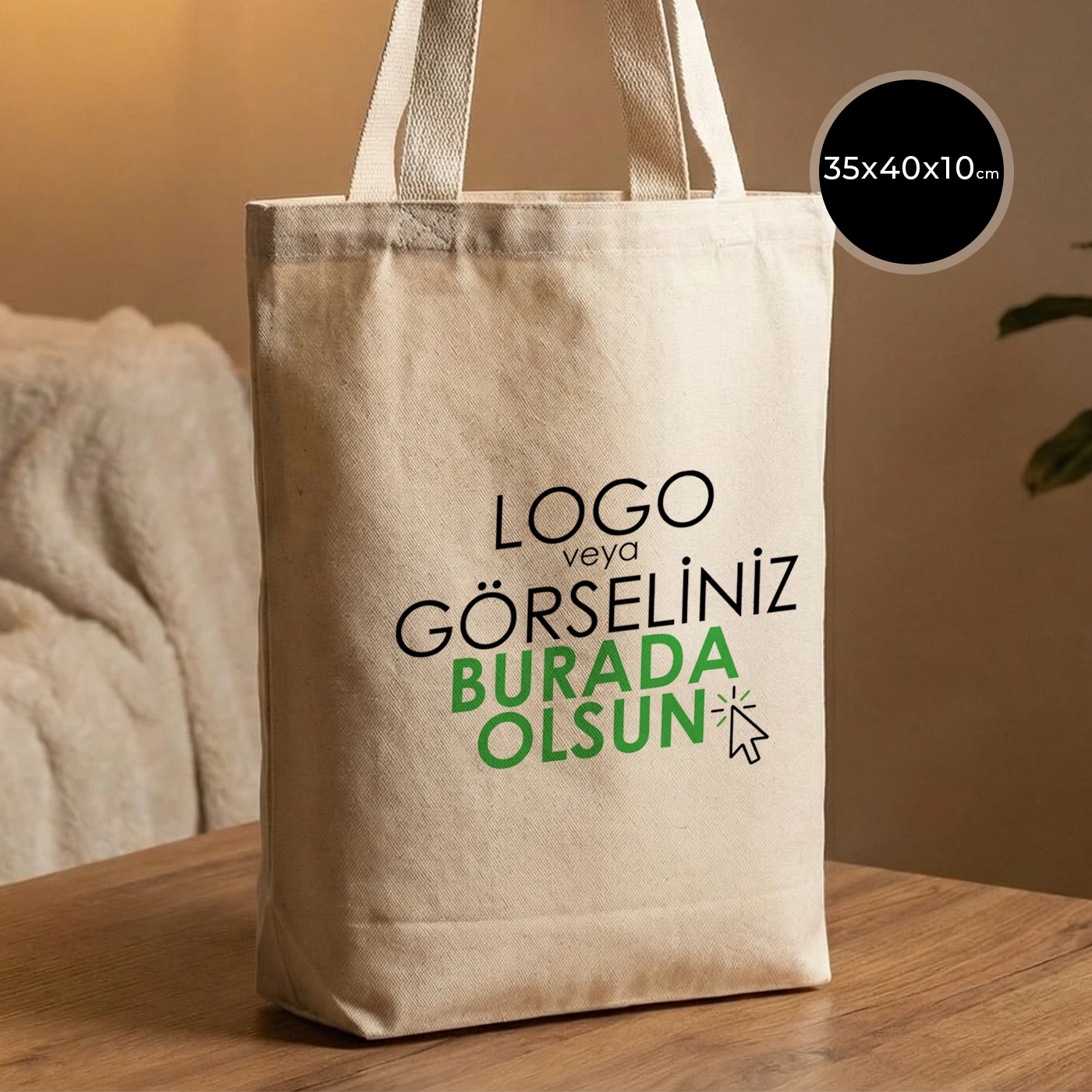 35×40×10 cm geniş hacimli kanvas tote çanta – iç cepli, doğal renk, baskılı pamuk çanta.