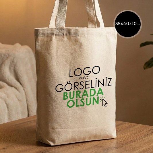 35×40×10 cm geniş hacimli kanvas tote çanta – iç cepli, doğal renk, baskılı pamuk çanta.