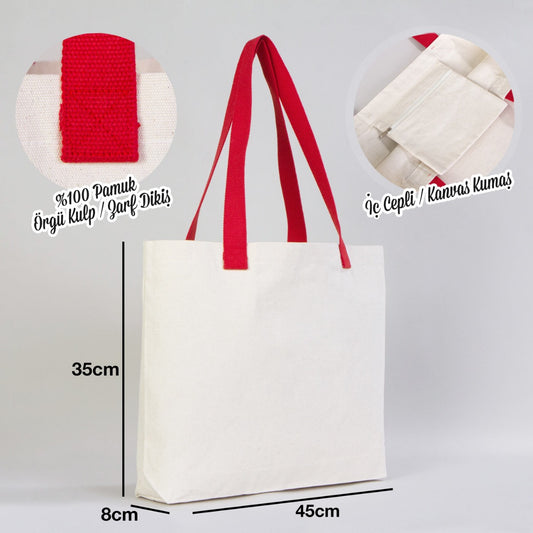 Modern Kanvas Çanta - Dıştan Kırmızı Örgü Kulp 45x35x8 cm - istecanta.com