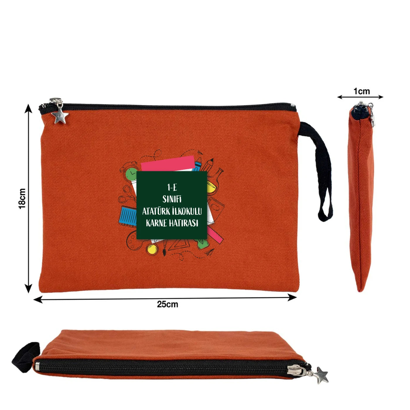 Kiremit karne günü temalı kanvas clutch çanta, okul figürlü ve özelleştirilebilir karne hediyesi tasarımı