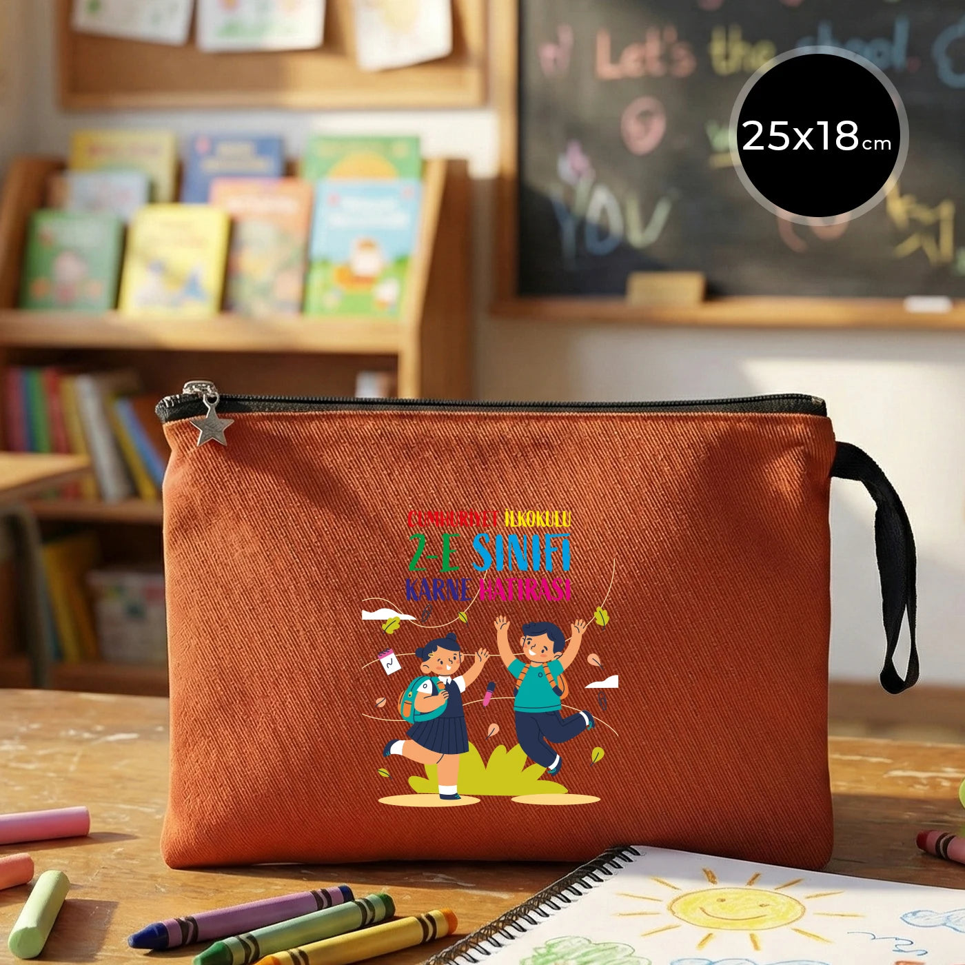 Kiremit karne günü temalı kanvas clutch çanta, okul figürlü ve özelleştirilebilir karne hediyesi tasarımı
