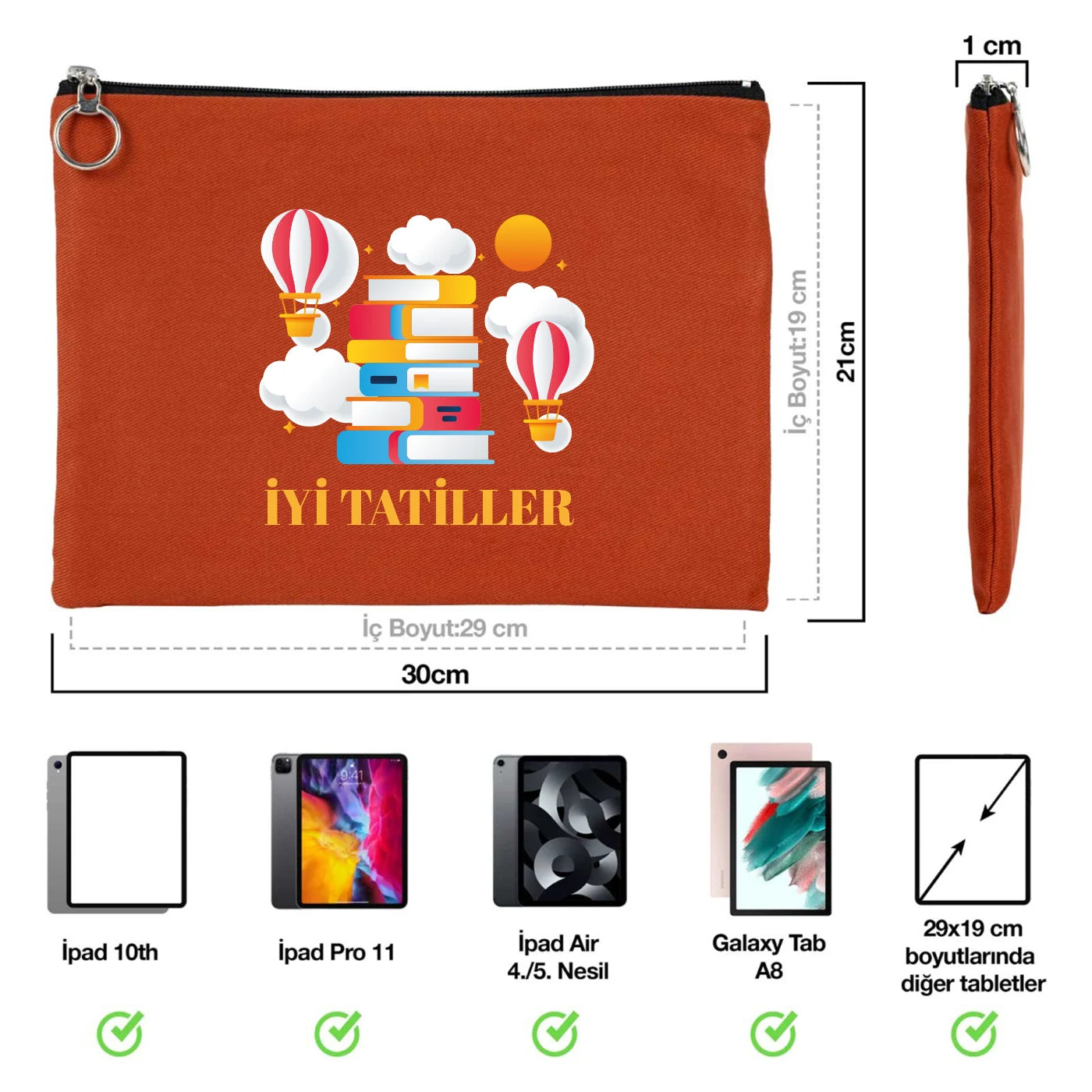 Kiremit renkli karne günü temalı portföy çanta, okul figürlü ve özelleştirilebilir karne hediyesi tasarımı