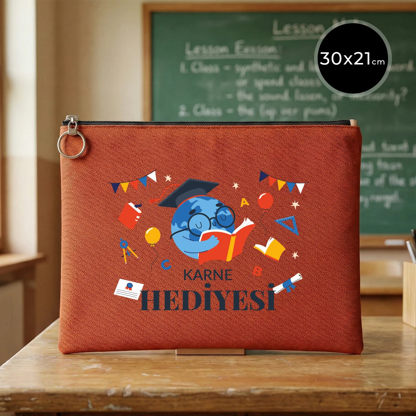 Kiremit renkli karne günü temalı portföy çanta, okul figürlü ve özelleştirilebilir karne hediyesi tasarımı