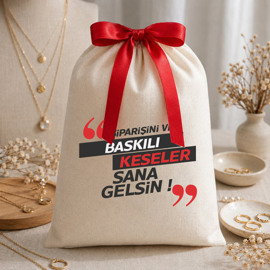 Bez Kese Kırmızı Kurdeleli - 30x40 cm (Özelleştirilebilir)