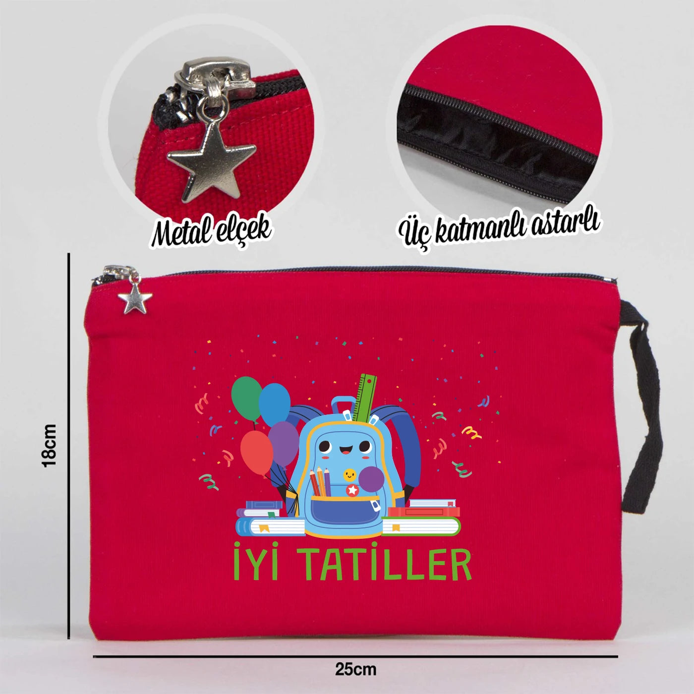 Kırmızı karne günü temalı kanvas clutch çanta, okul figürlü ve özelleştirilebilir karne hediyesi tasarımı