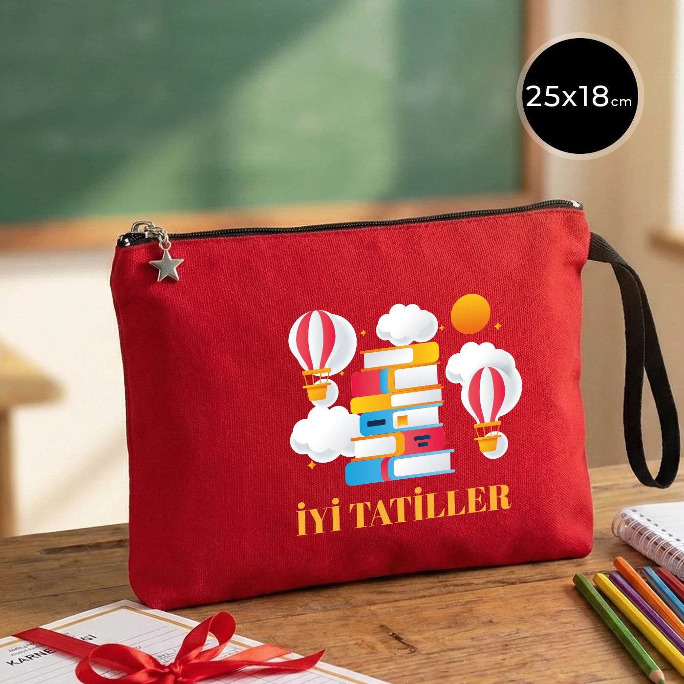 Kırmızı karne günü temalı kanvas clutch çanta, okul figürlü ve özelleştirilebilir karne hediyesi tasarımı