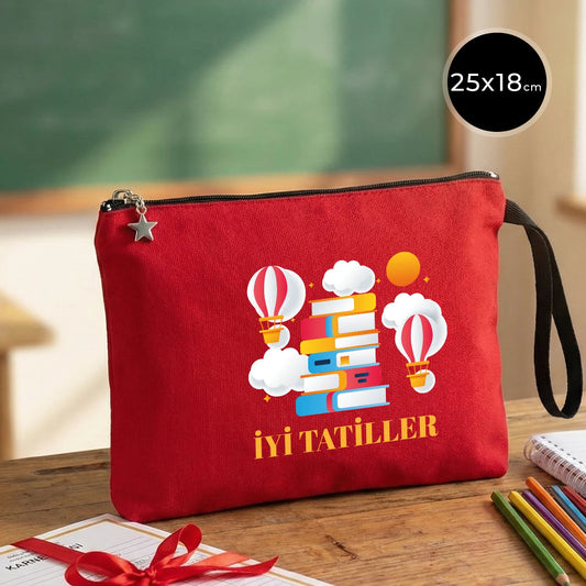 Kırmızı karne günü temalı kanvas clutch çanta, okul figürlü ve özelleştirilebilir karne hediyesi tasarımı