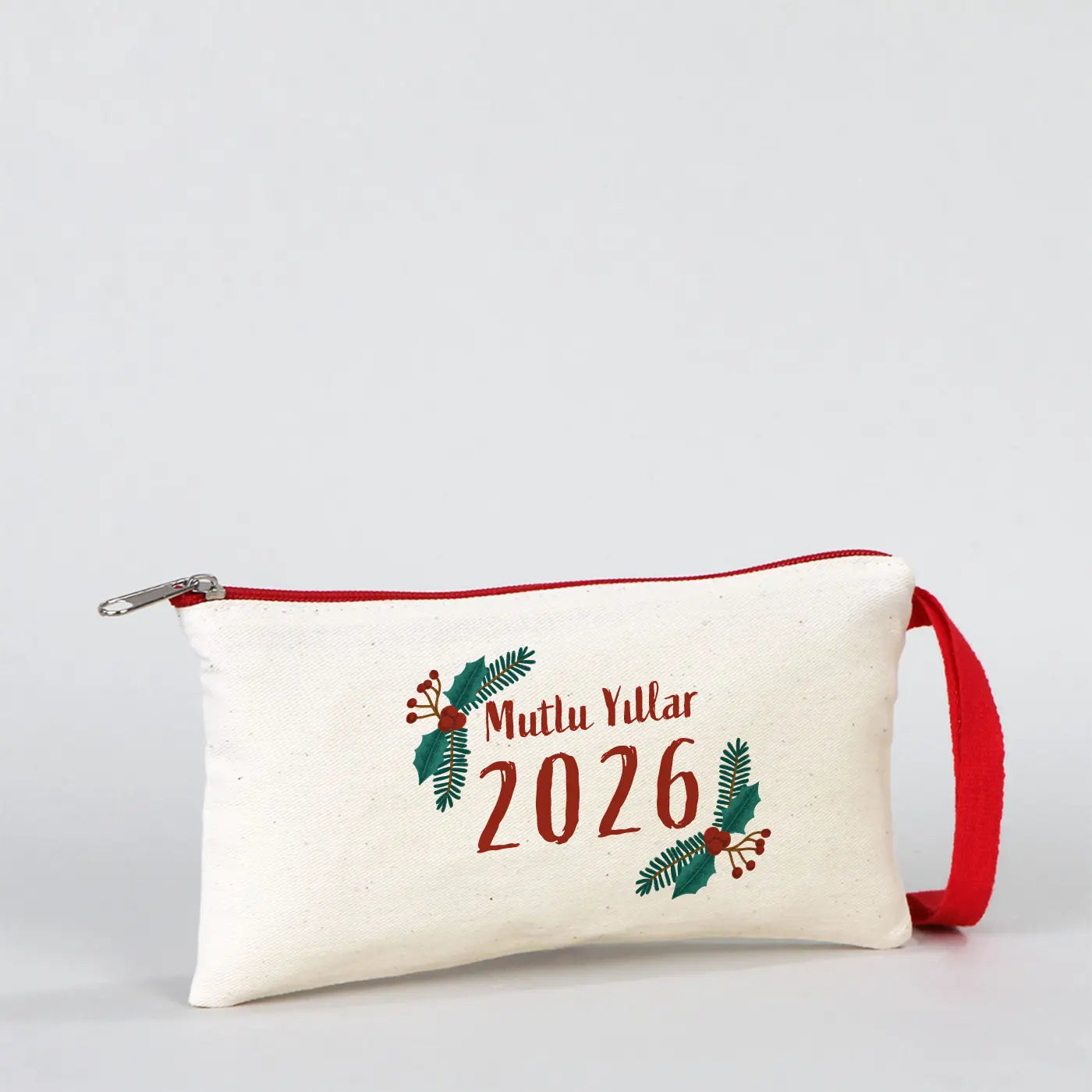 Yılbaşı Desenli Kanvas Astarsız Kalemlik Kırmızı Fermuar (Özelleştirilebilir)