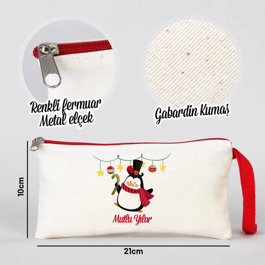 Yılbaşı Desenli Kanvas Astarsız Kalemlik Kırmızı Fermuar (Özelleştirilebilir)