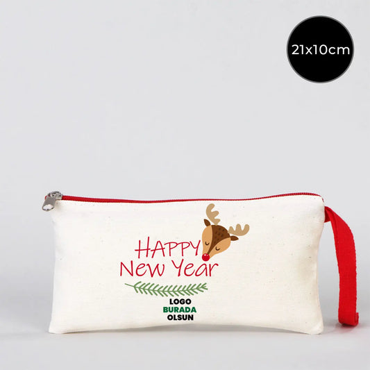 Yılbaşı Desenli Kanvas Astarsız Kalemlik Kırmızı Fermuar (Özelleştirilebilir)