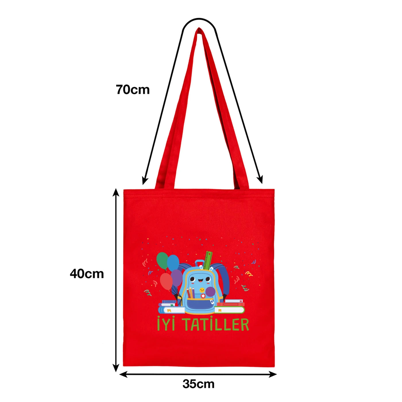 35×40 cm ebatlarında, kırmızı taşıma saplı kırmızı bez çanta. Ön yüzünde ürün grubuna ait 18 farklı karne temalı tasarımdan biri bulunur.