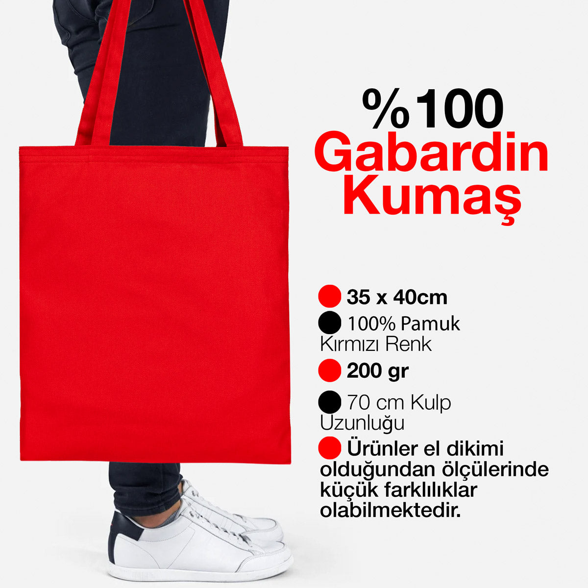 35×40 cm ebatlarında, kırmızı taşıma saplı kırmızı bez çanta. Ön yüzünde ürün grubuna ait 18 farklı karne temalı tasarımdan biri bulunur.
