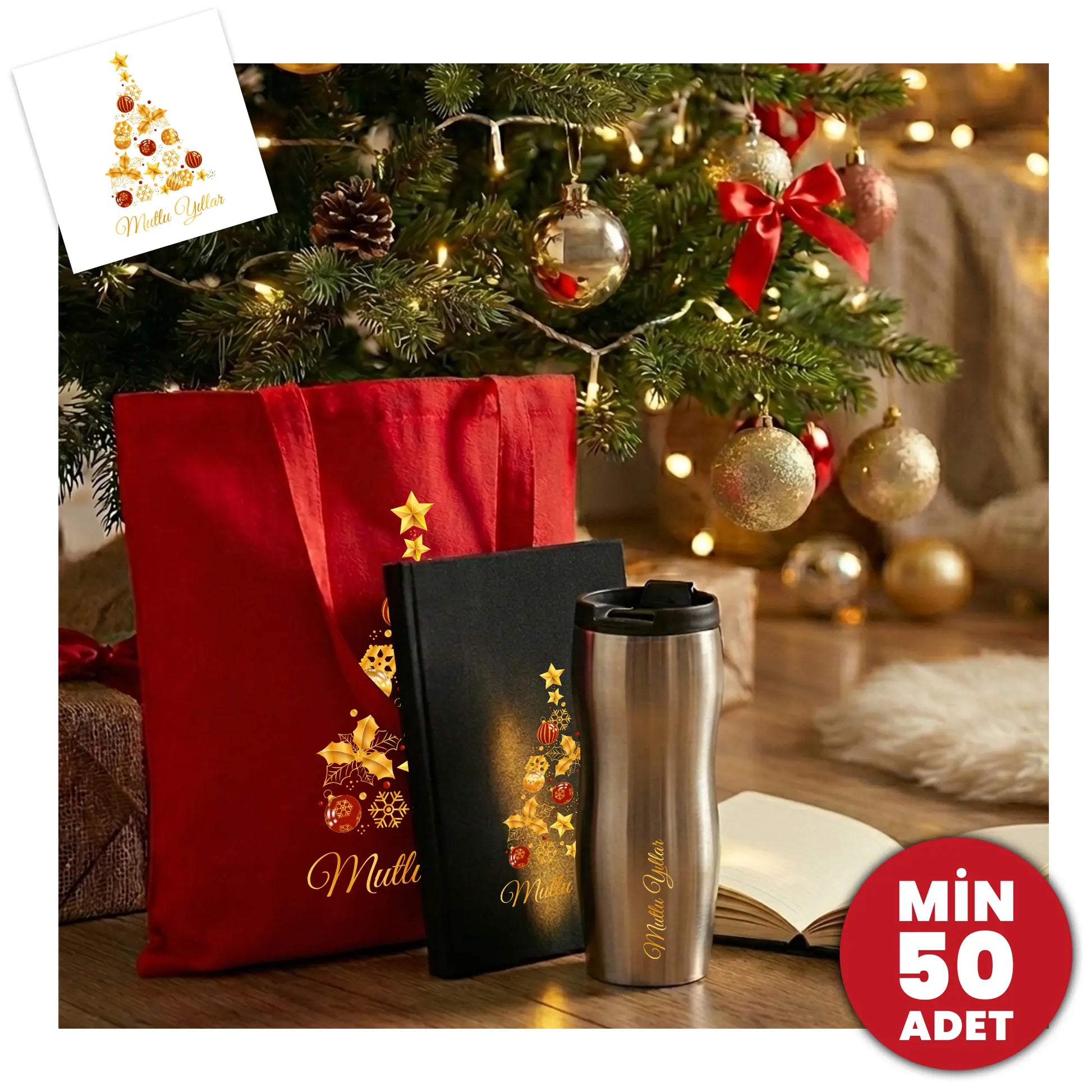 Kurumsal yeni yıl hediyesi: kırmızı gabardin çanta, termos ve kanvas defter seti