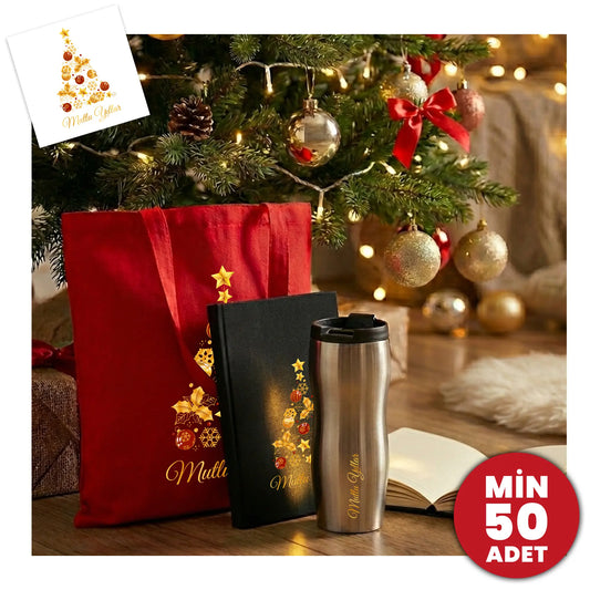Kurumsal yeni yıl hediyesi: kırmızı gabardin çanta, termos ve kanvas defter seti