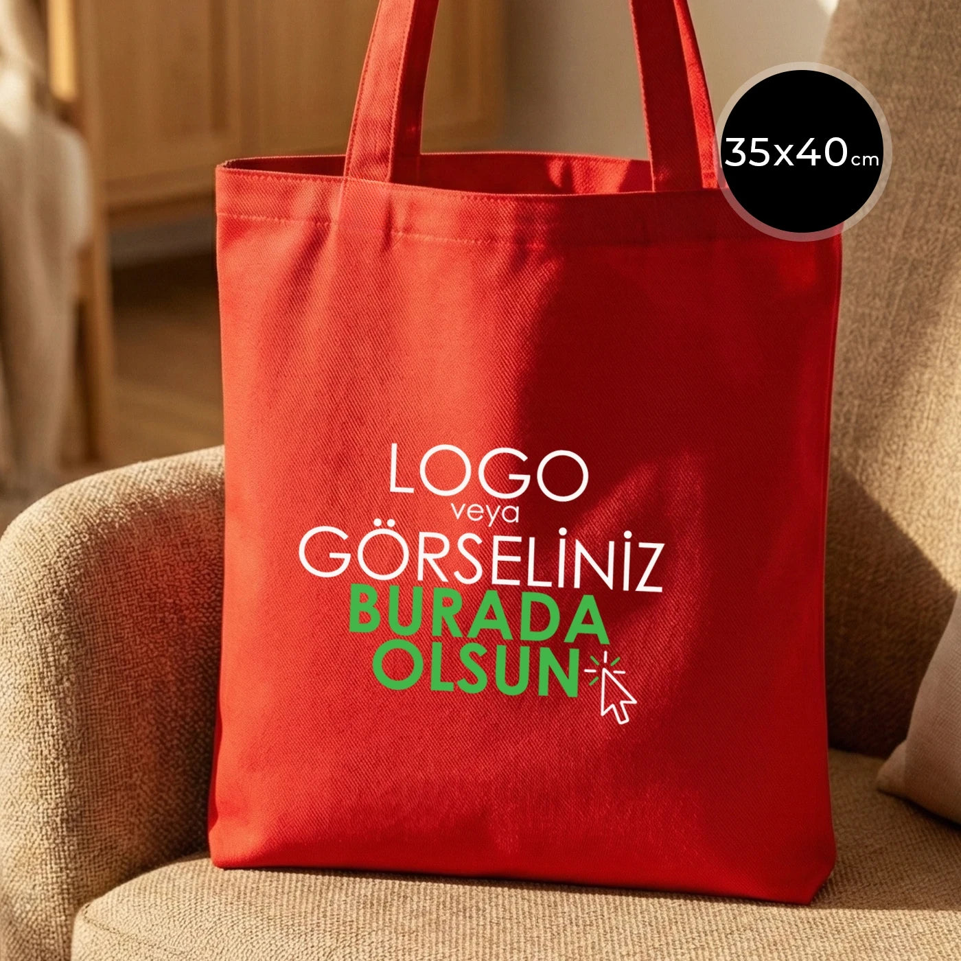 Kırmızı renkli, ham bezden üretilmiş 35x40 cm boyutlarında günlük kullanım için ideal çanta.
