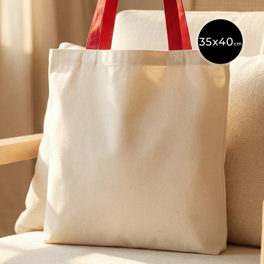 Kırmızı renkli, ham bezden üretilmiş 35x40 cm boyutlarında günlük kullanım için ideal çanta.
