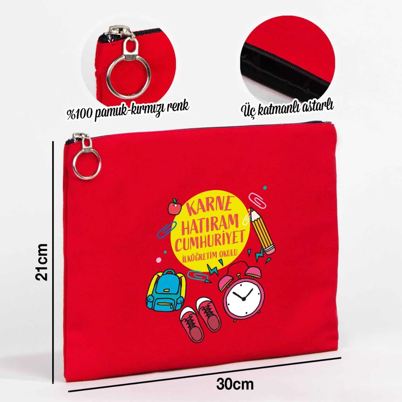 Kırmızı karne günü temalı portföy çanta 30×21 cm, okul figürlü ve özelleştirilebilir karne hediyesi tasarımı